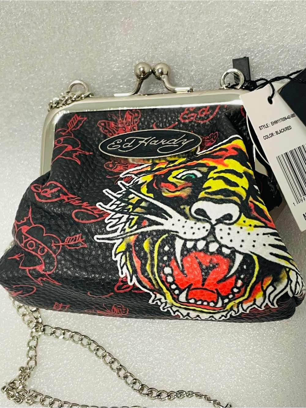 Ed Hardy Black Tiger Kiss-Lock Crossbody Coin Purse with Red & Yellow Accents